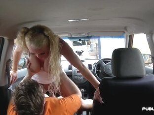 Bosomy MILF rides driving instructor in the car outdoor