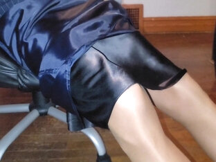 Blue Pinstripe Lined Skirt With Black Liquid Satin Half Slip