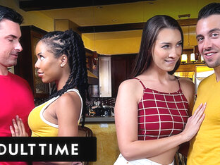 ADULT TIME - Kira Noir and Bella Rolland Share CRAZY FACIAL During FULL-SWAP INTERRACIAL FOURSOME!